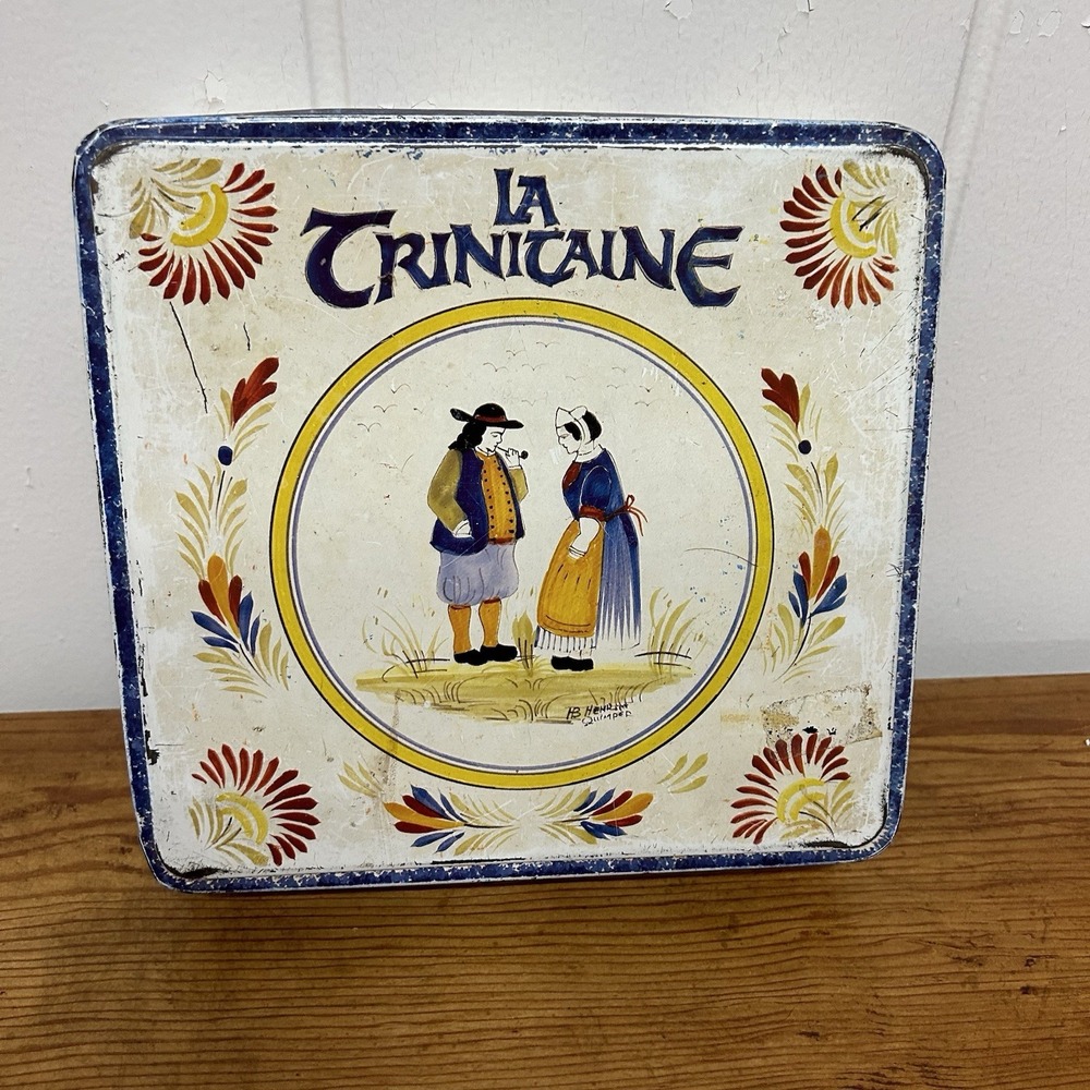 Vintage Cookie Dutch Man Lady Tin Massilly France La Trinitaine Box Container‎